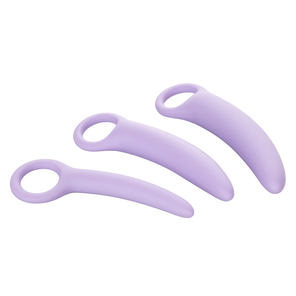 Three lavender silicone vaginal dilators of varying sizes.