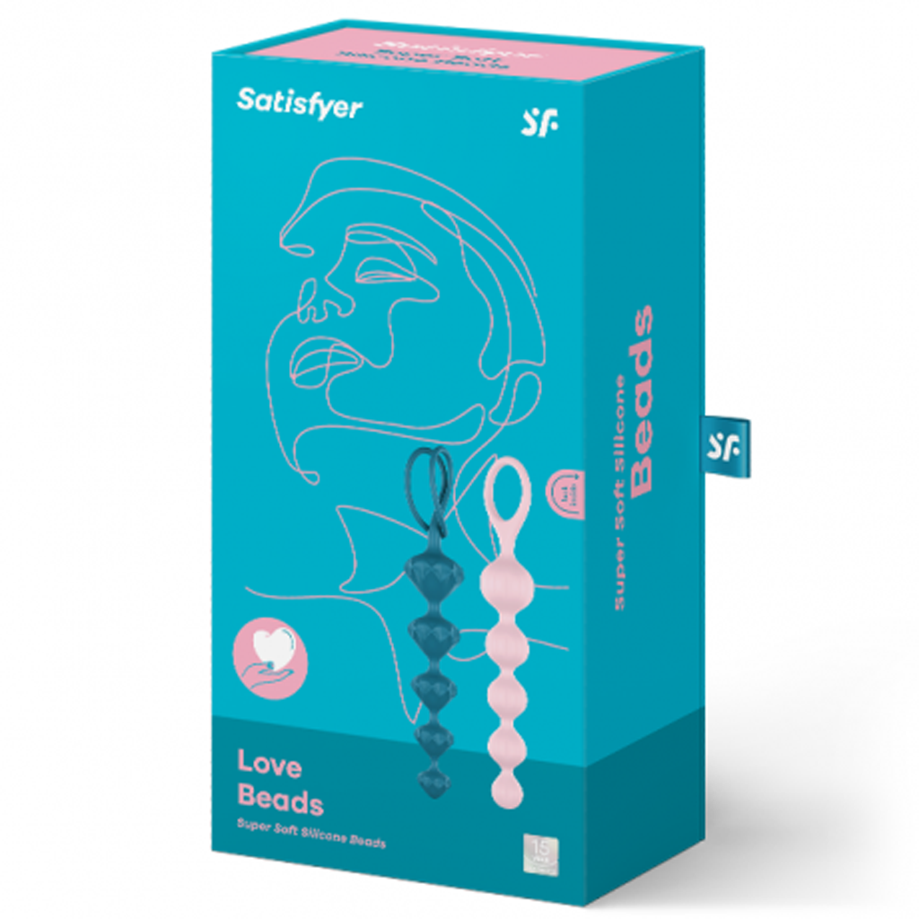 Satisfyer Love Beads set with pink and blue silicone beads.