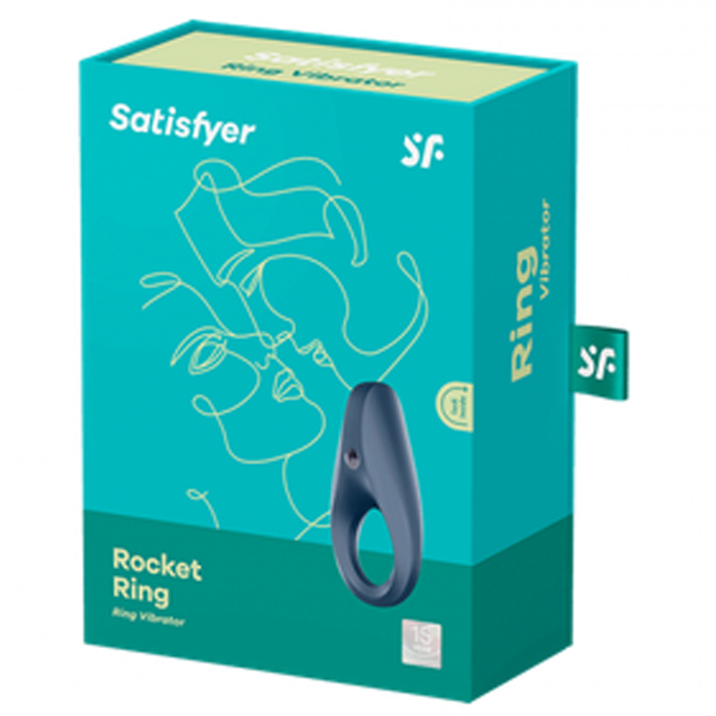 Satisfyer Rocket Ring vibrating cock ring on its teal packaging.