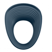A dark blue, ribbed silicone vibrating cock ring.
