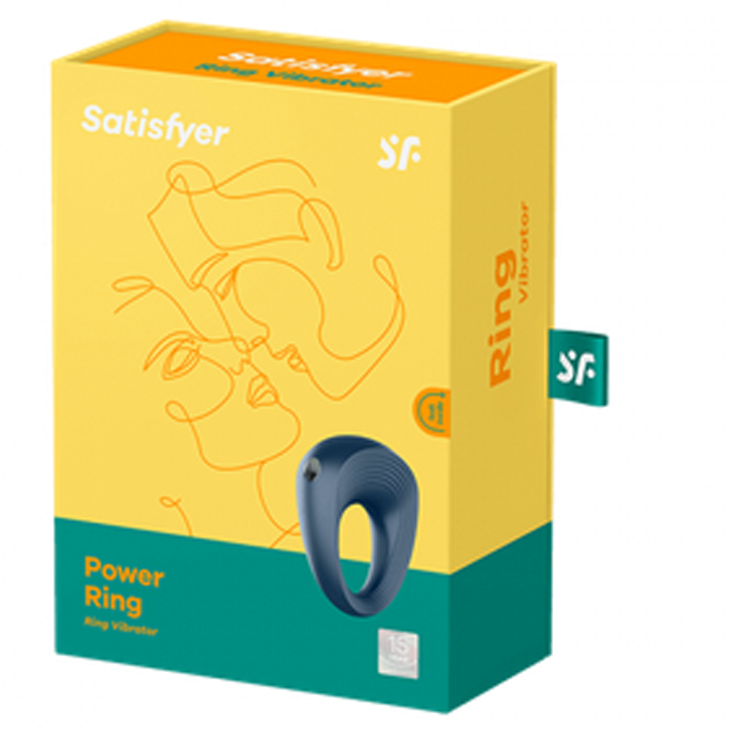 Satisfyer Power Ring vibrating cock ring on yellow and teal packaging.