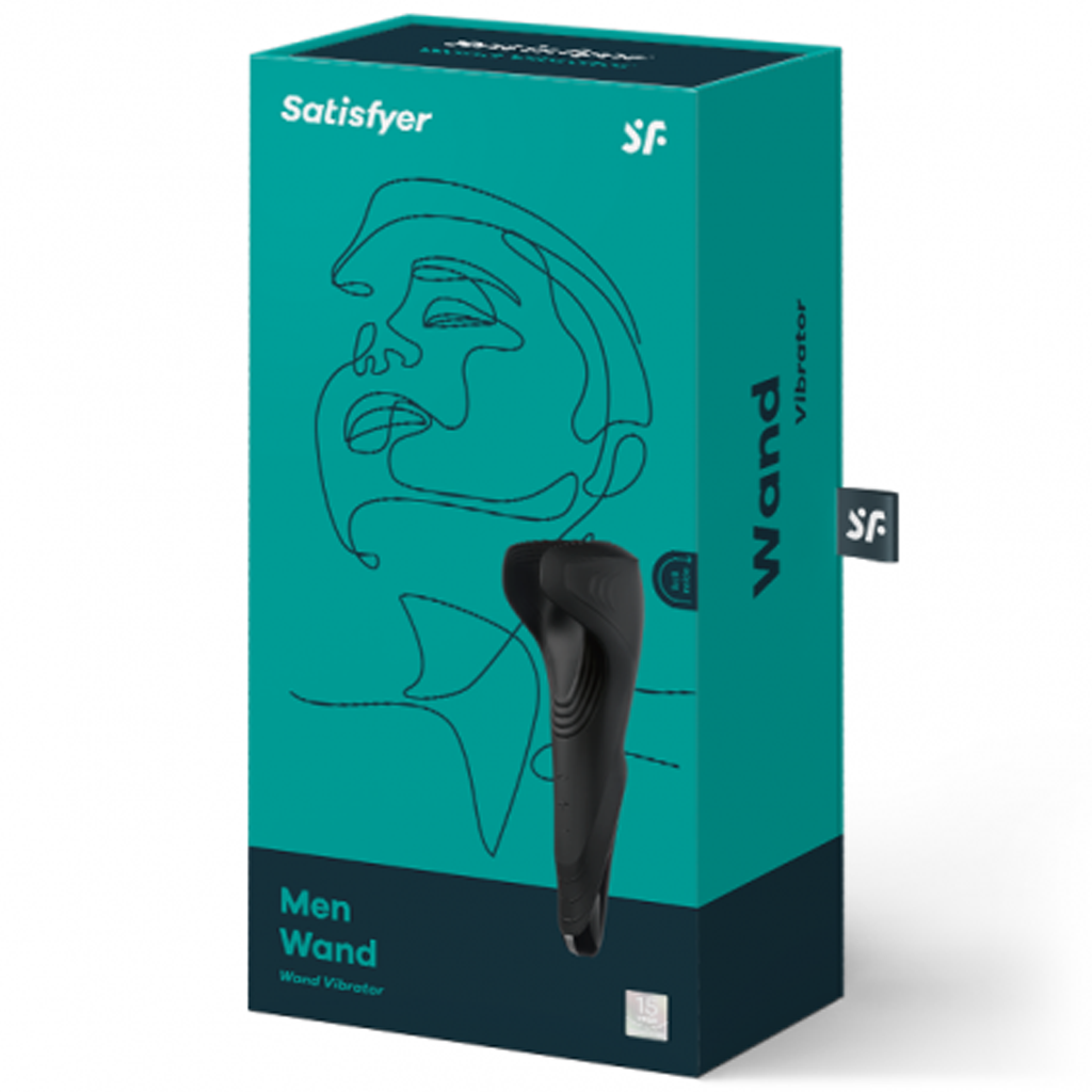 Satisfyer Men Wand vibrator in black on a teal box with abstract face art.