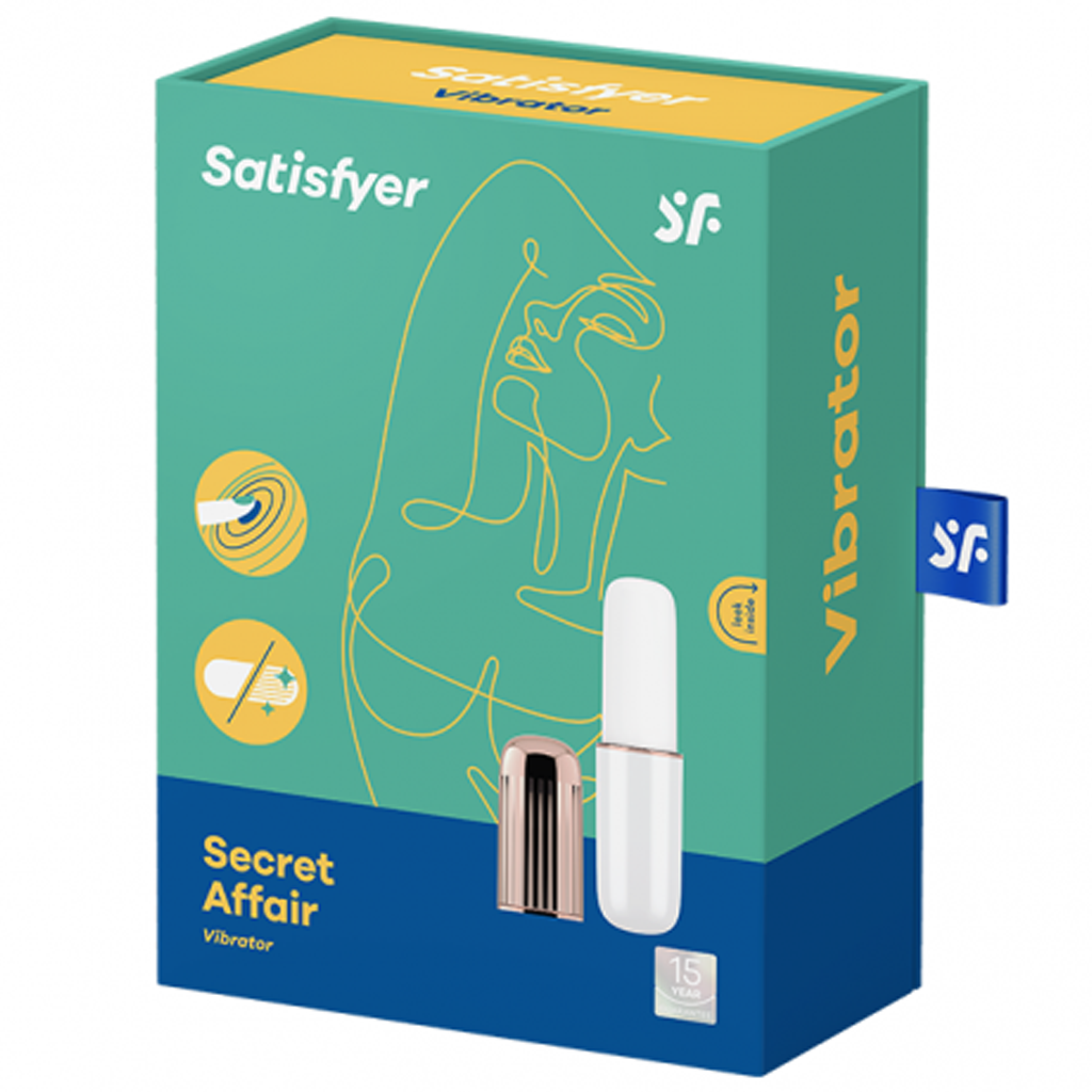 Satisfyer Secret Affair white mini vibrator in its teal and yellow packaging.