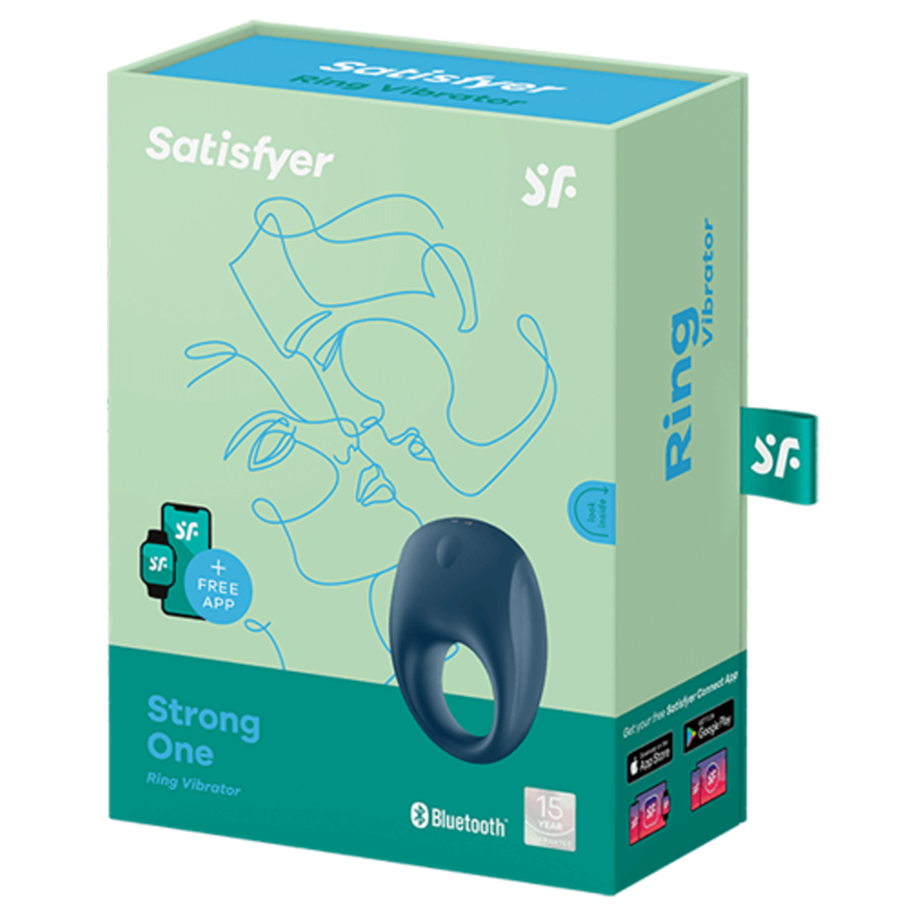 Blue Satisfyer Strong One app-controlled vibrating silicone cock ring on its packaging.