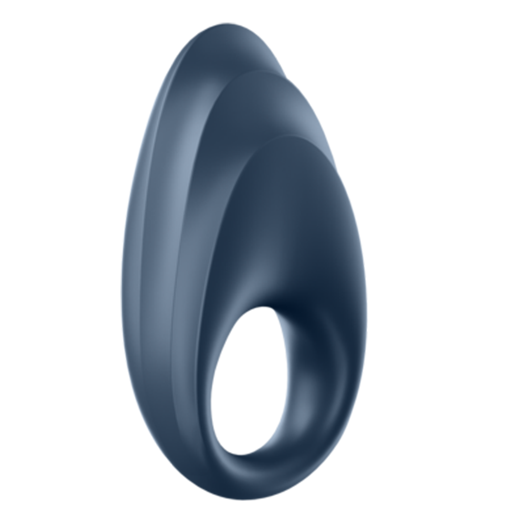 Blue vibrating cock ring with a smooth, curved design.