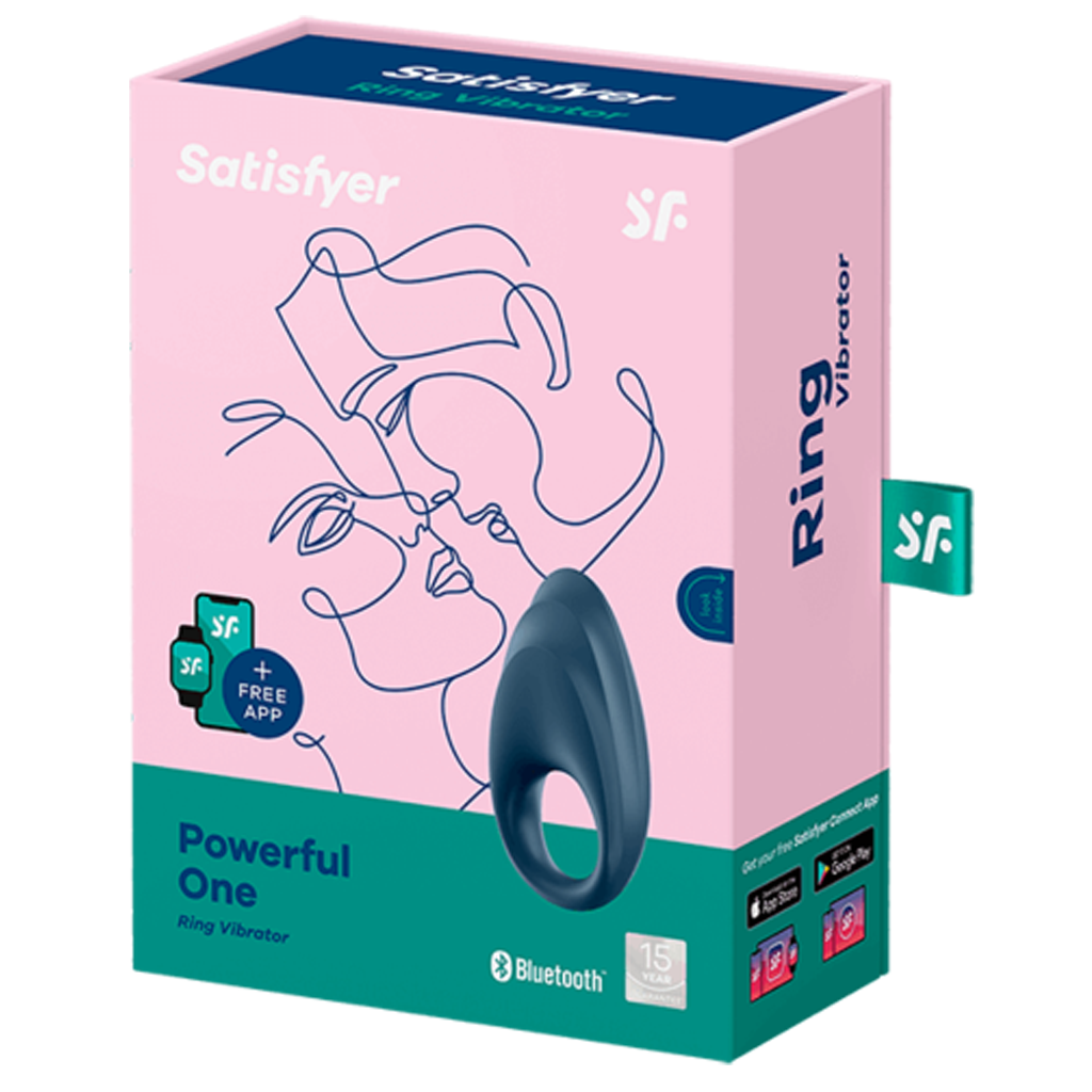 Satisfyer Powerful One ring vibrator in blue on a pink box with line art.