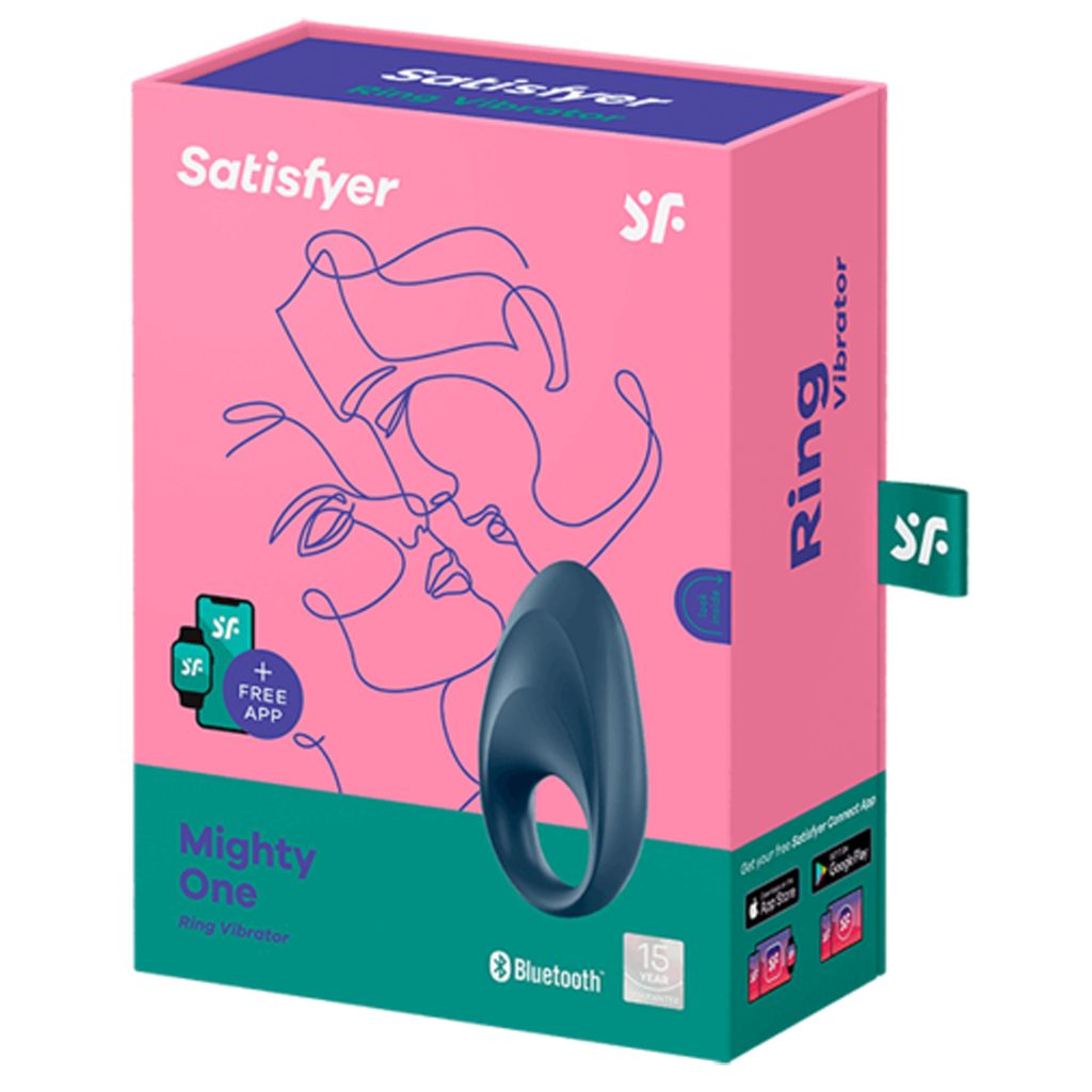 Satisfyer Mighty One Blue app-controlled vibrating cock ring on pink and teal box.