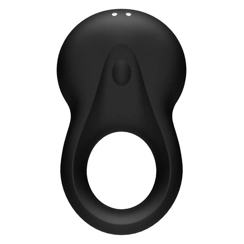 Black silicone app-controlled vibrating cock ring with two small dots on top.