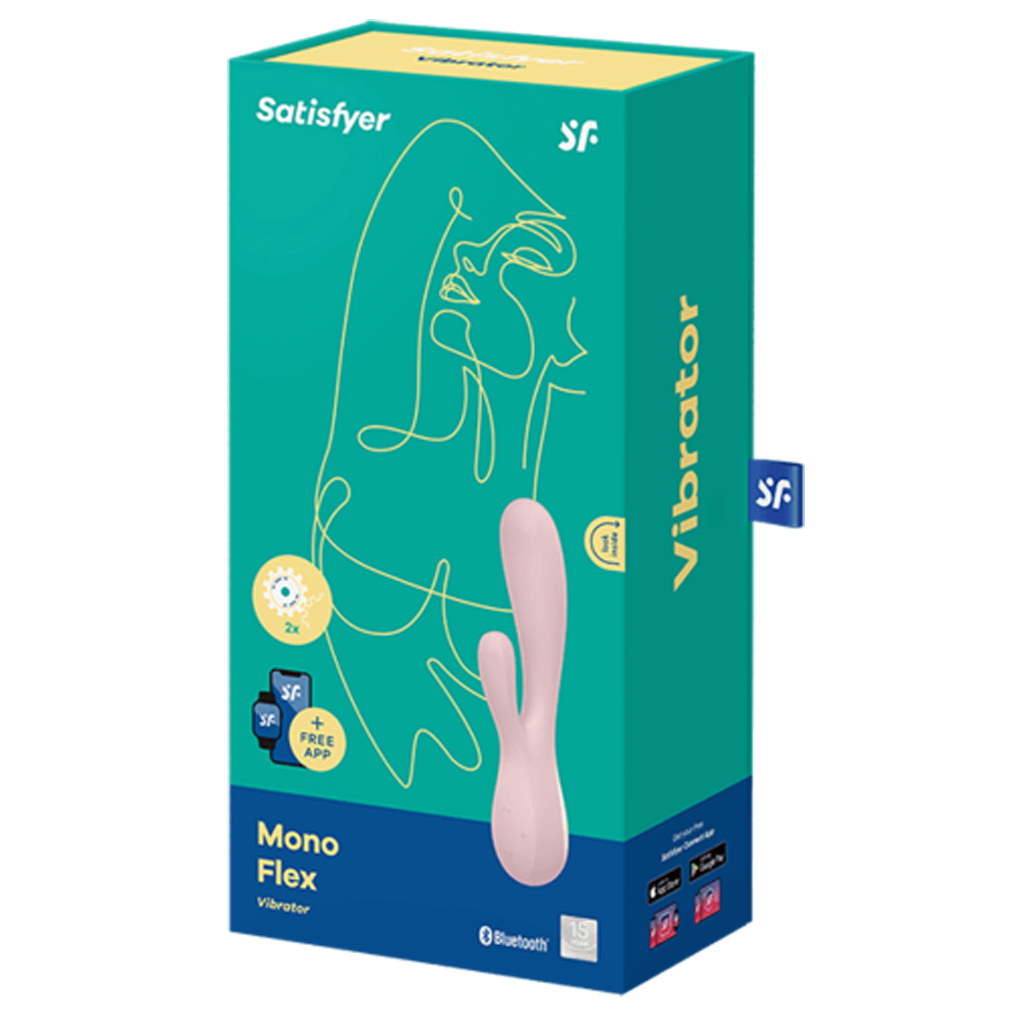 Satisfyer Mono Flex mauve rabbit vibrator with app control on teal box.