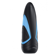 Black and blue manual suction masturbator with a textured tip.