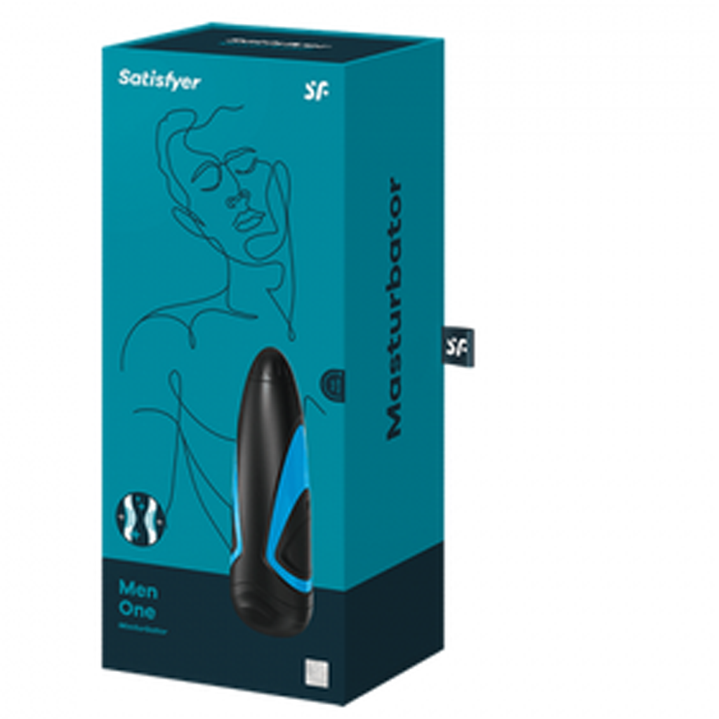 Satisfyer Men One manual masturbator in black and blue on a teal box.