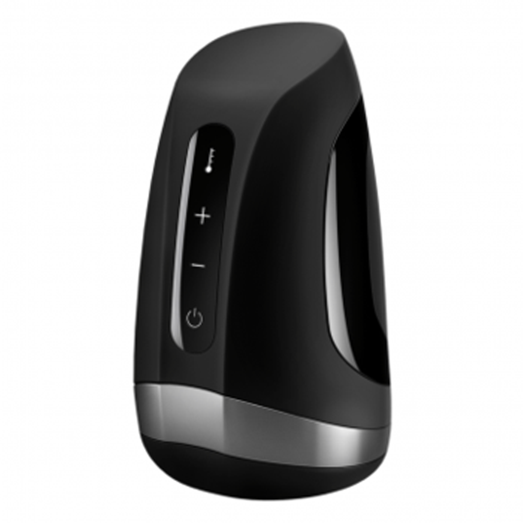 Black Satisfyer Men Heat Vibration masturbator with temperature and power controls.