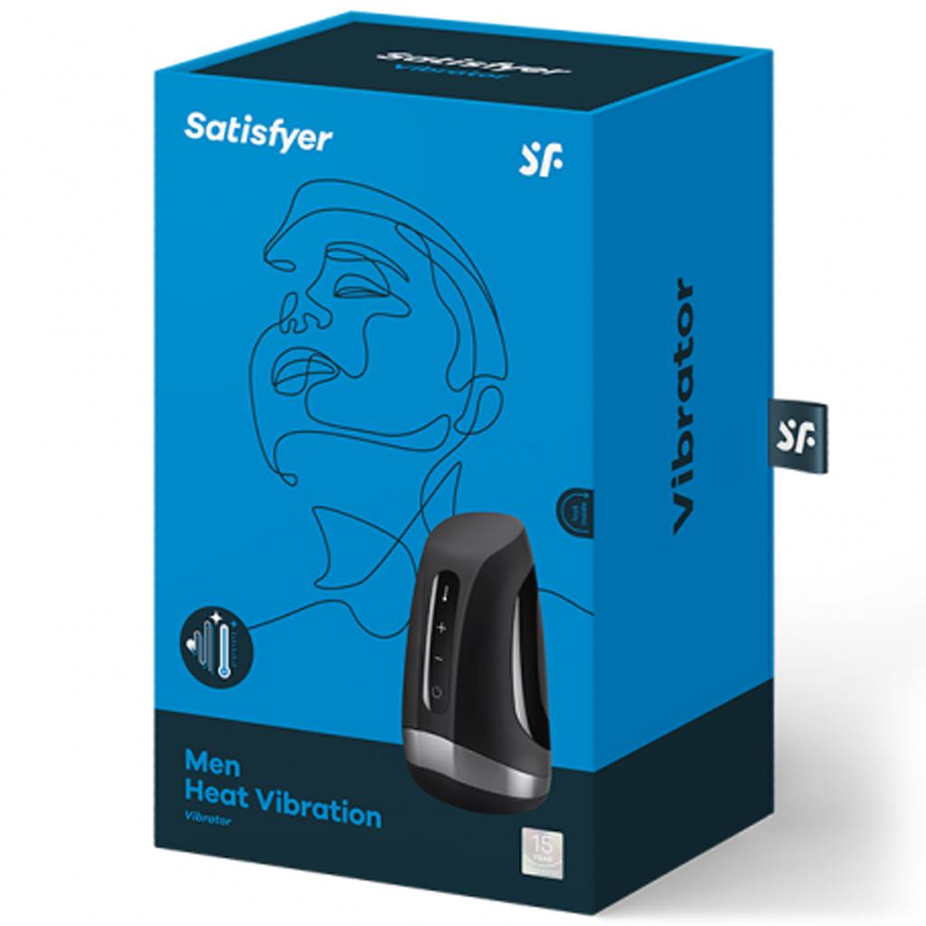 Satisfyer Men Heat Vibration masturbator in black on a blue box.