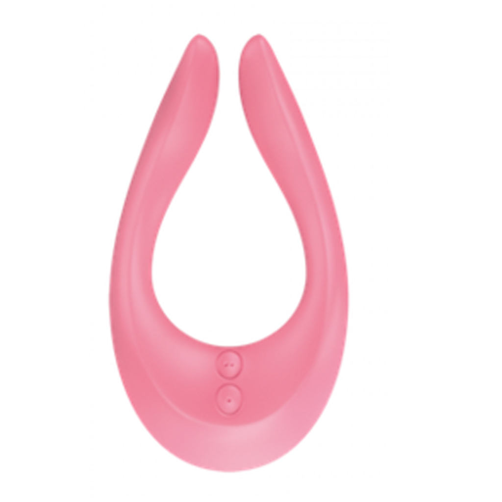 Pink multifunctional couples vibrator with two buttons.