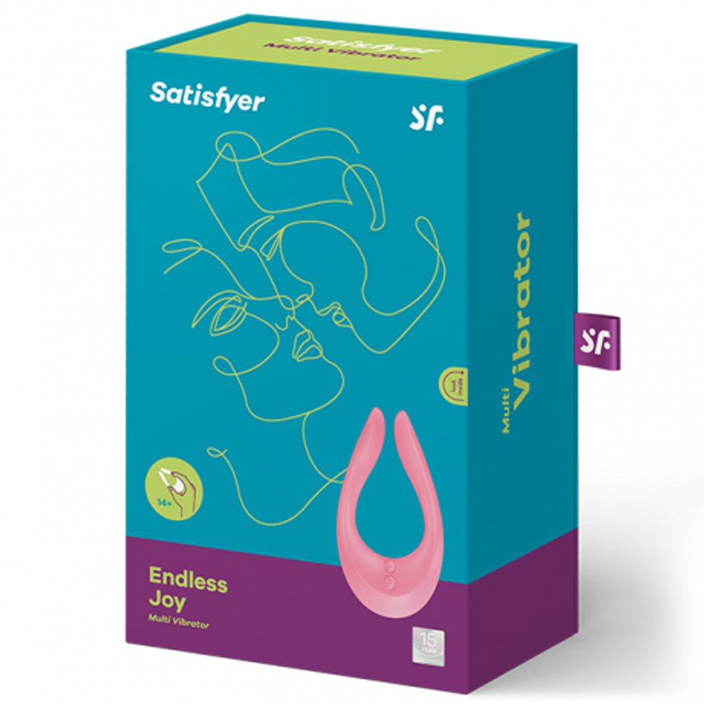 Satisfyer Endless Joy couples vibrator in pink on a teal and purple box.