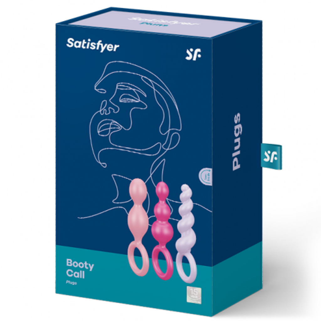 Satisfyer silicone anal training plug set in pink, red, and purple.