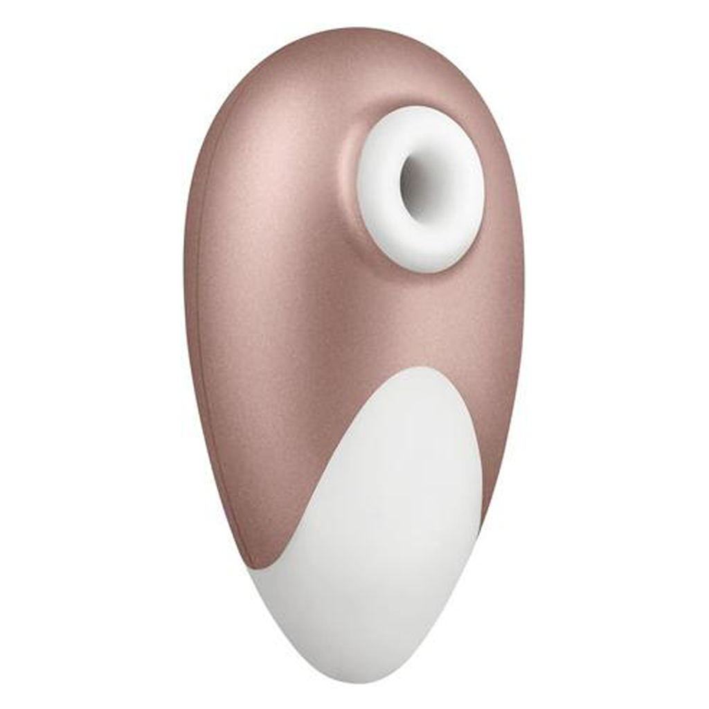 Rose gold and white clitoral vibrator with a circular opening.