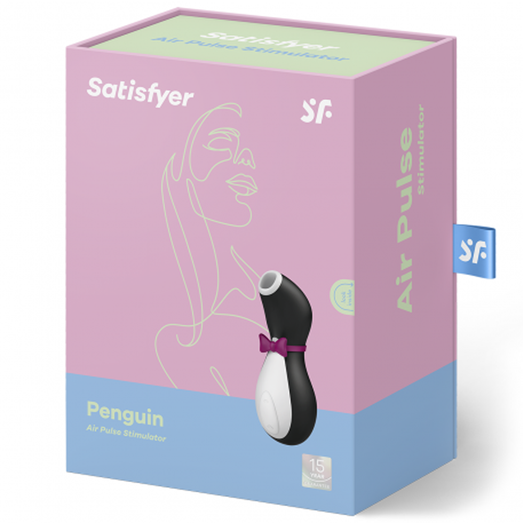 Satisfyer Penguin Air Pulse Stimulator box with a penguin-shaped stimulator.