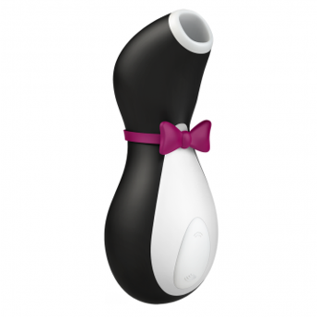 A black and white penguin-shaped clitoral stimulator with a pink bow.
