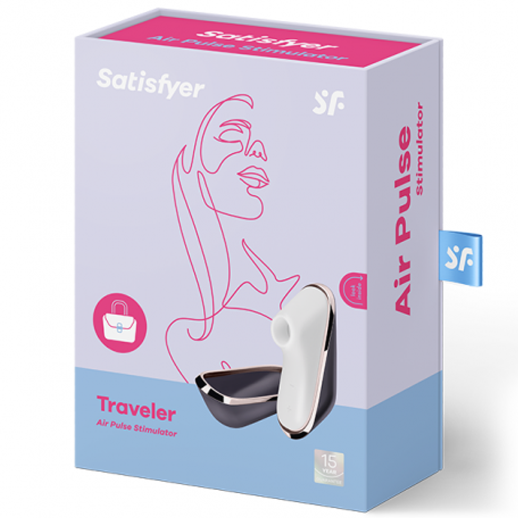 Satisfyer Traveler Air-Pulse Clitoral Stimulator in white and gray on a box.