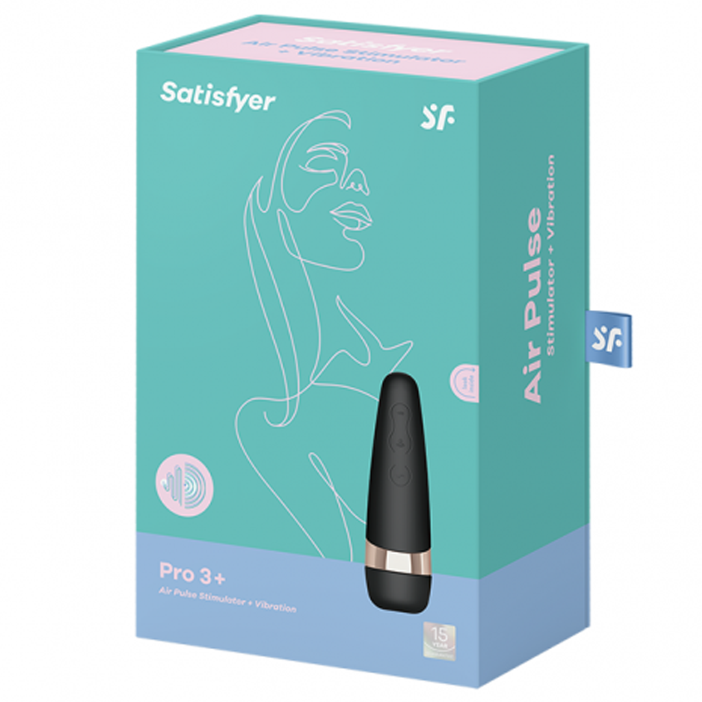 Satisfyer Pro 3+ clitoral vibrator on a teal and pink box.