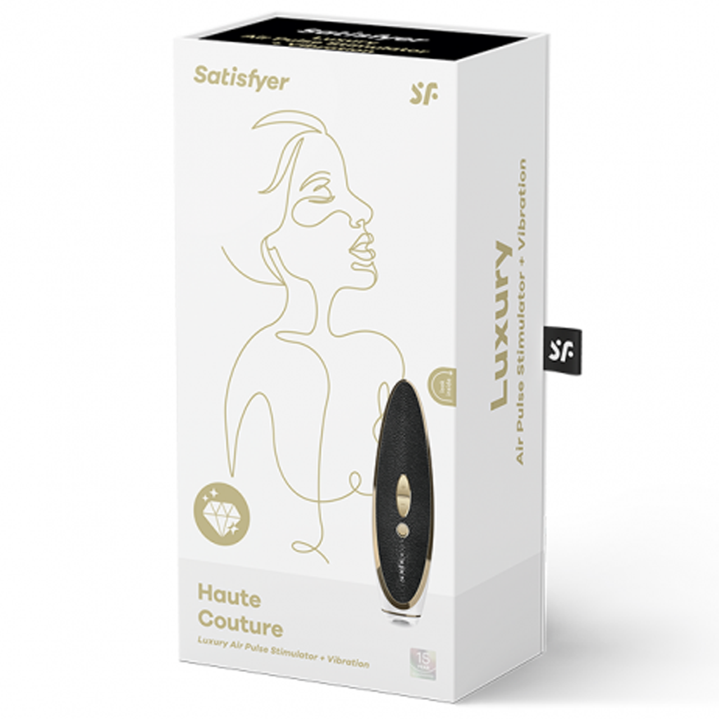 Satisfyer Haute Couture clitoral vibrator in black and gold on a white box.