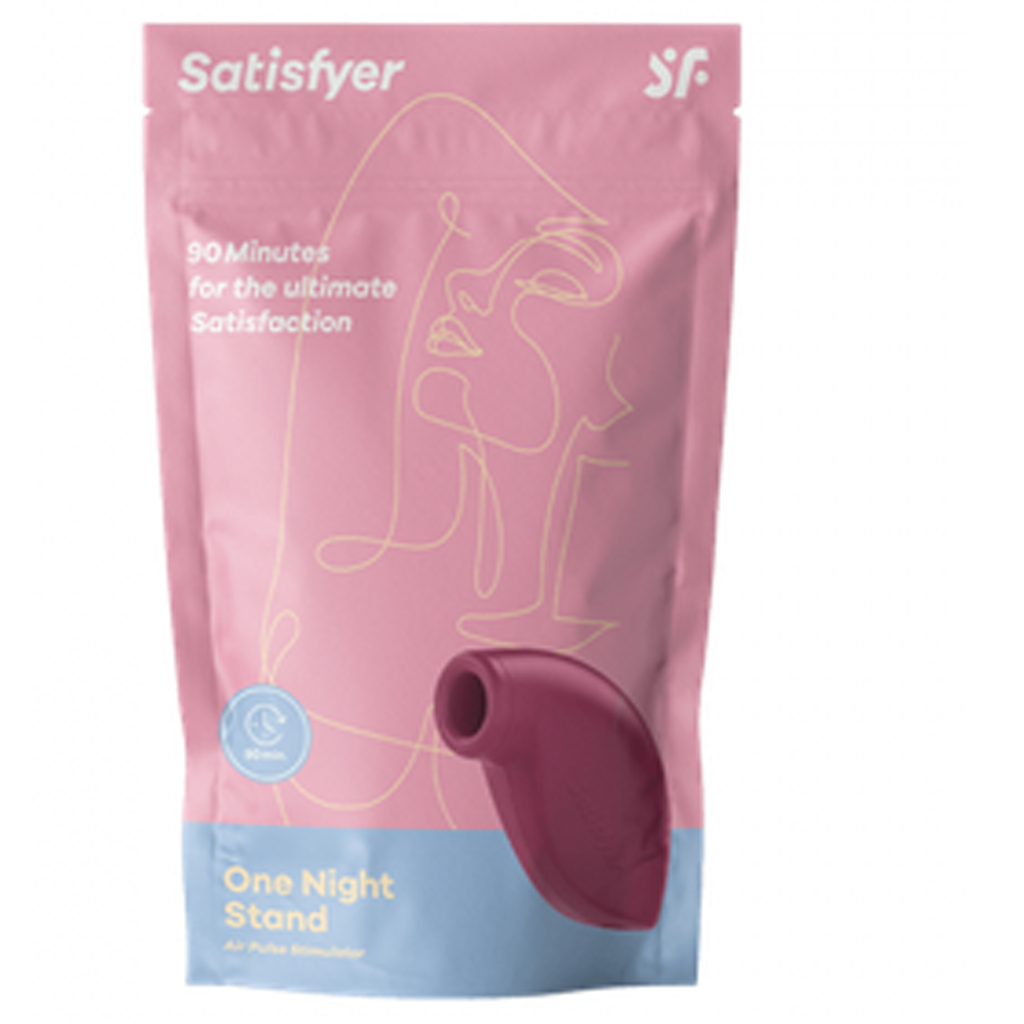 Satisfyer One Night Stand air-pulse clitoral vibrator in a pink pouch.