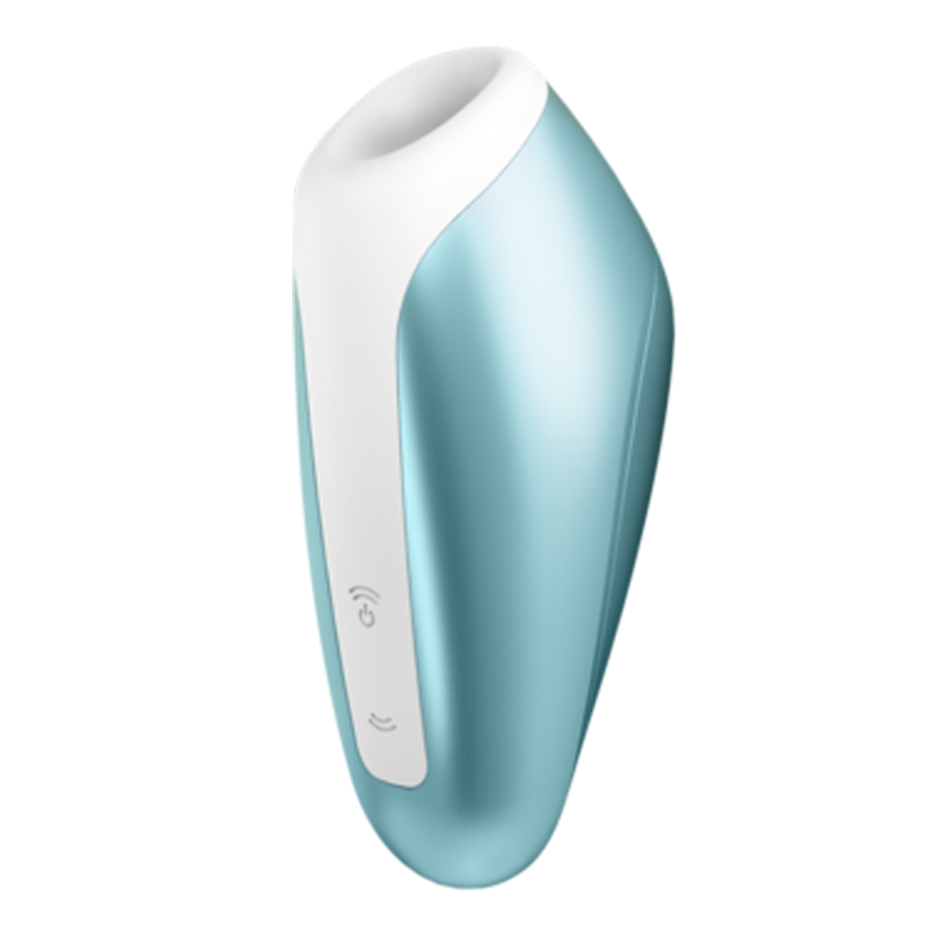 A teal and white clitoral stimulator with buttons.