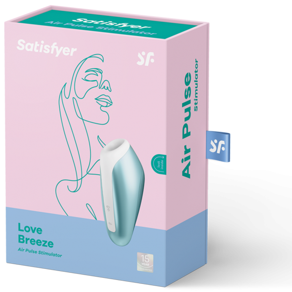 Satisfyer Love Breeze clitoral stimulator in teal and white on a pink and blue box.