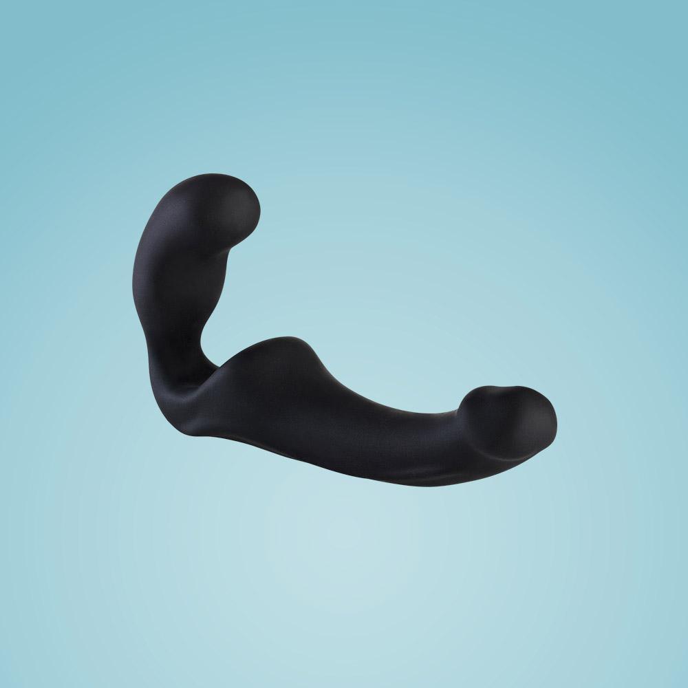 Black wearable silicone double dildo with G-spot curves.