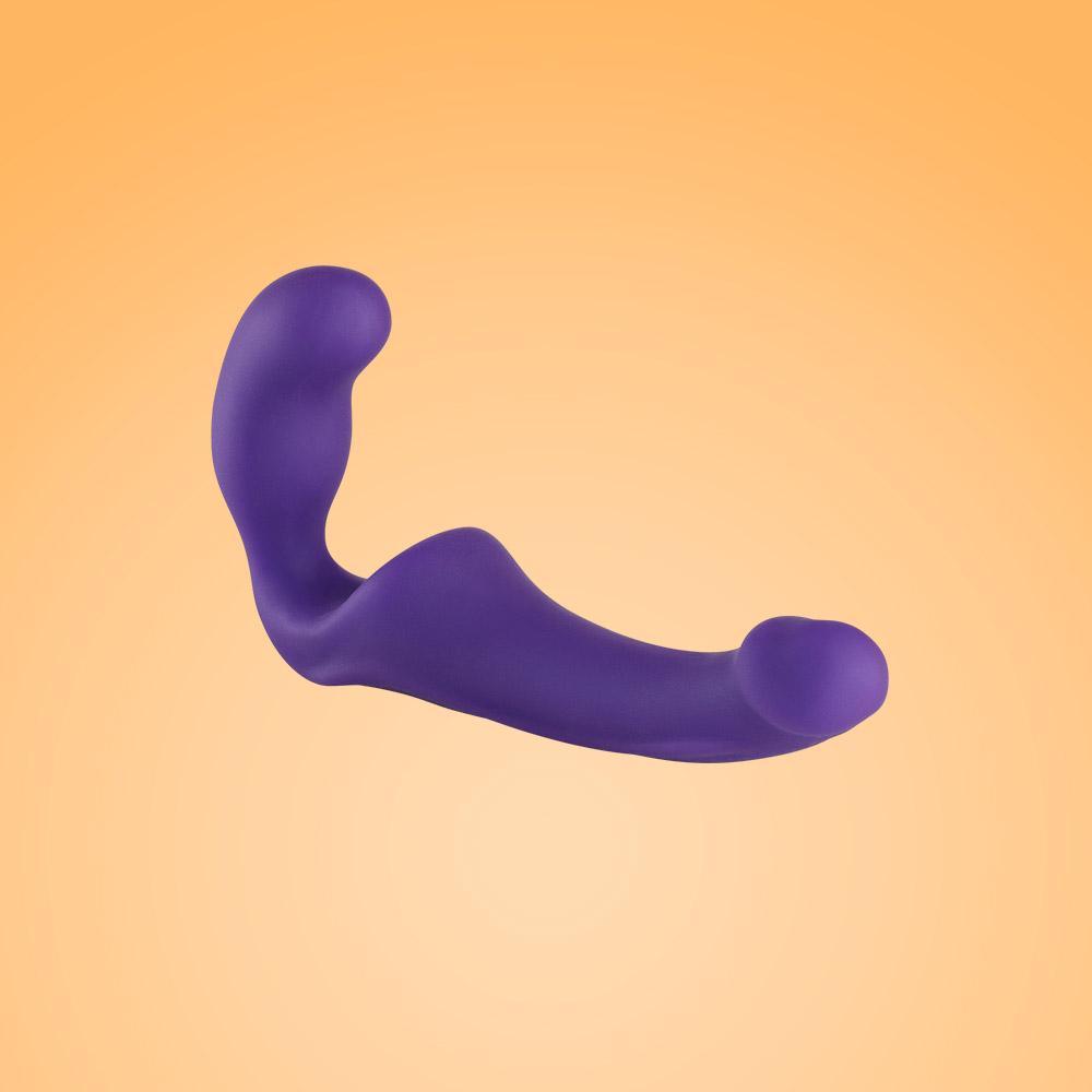 Purple wearable silicone double dildo with G-spot curves.