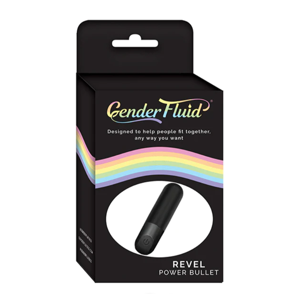 A black bullet vibrator with a power button on a black box with rainbow stripes and "Gender Fluid" text.