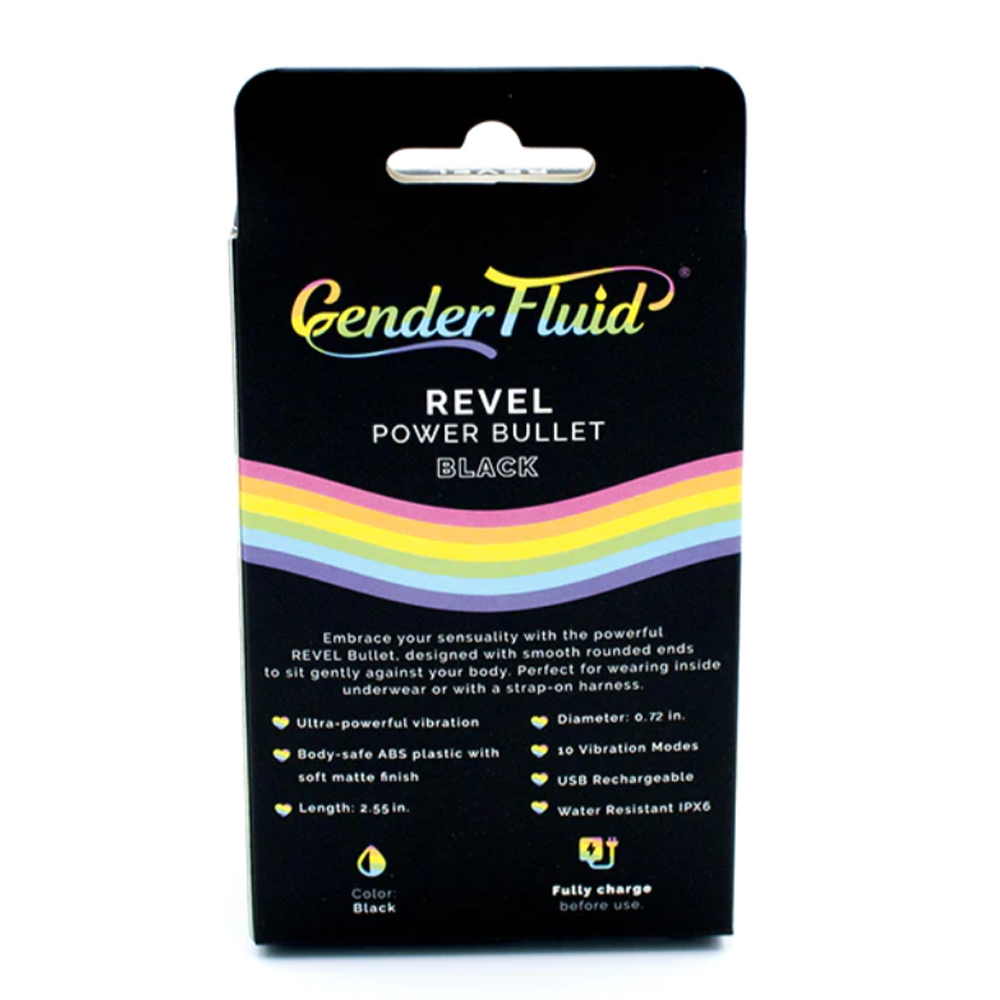 Gender Fluid Revel Power Bullet vibrator in black with rainbow accents.