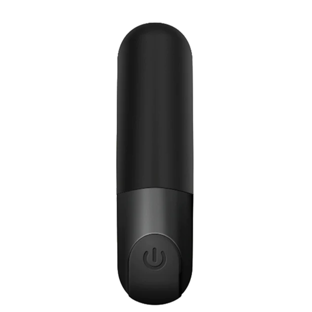 Black rechargeable vibrator with a power button at the base.