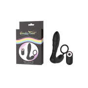 Black prostate vibe with a ring and wireless remote, on a box.