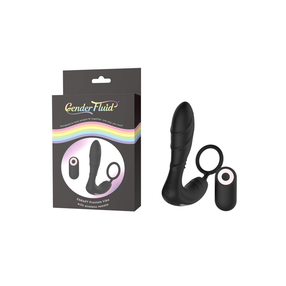 Black prostate vibe with a ring and wireless remote, on a box.