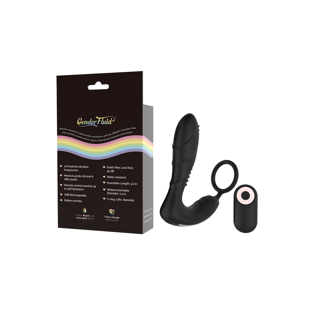 Black Enrapt prostate vibe with a remote control and C-ring.