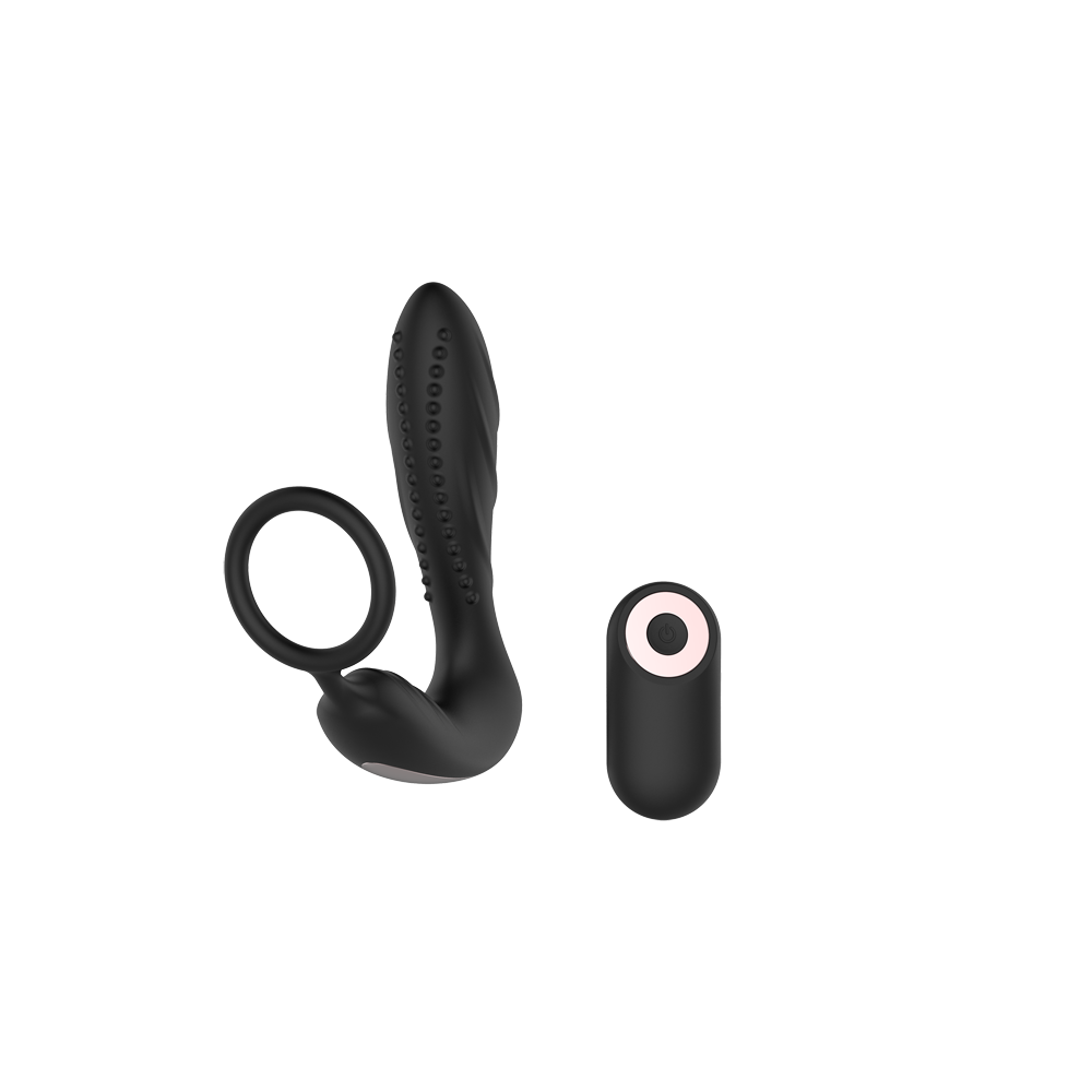 Black prostate vibe with a flexible ring and a remote control.