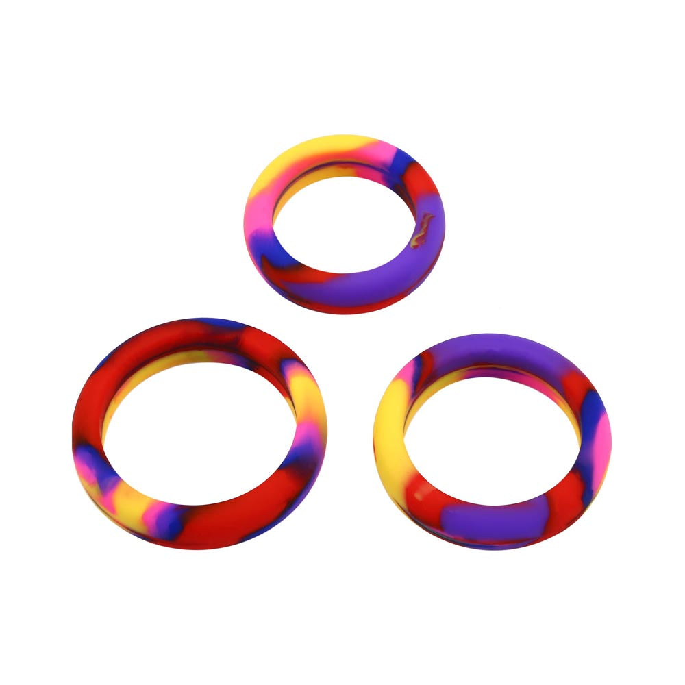 Three colorful silicone rings with marbled patterns.