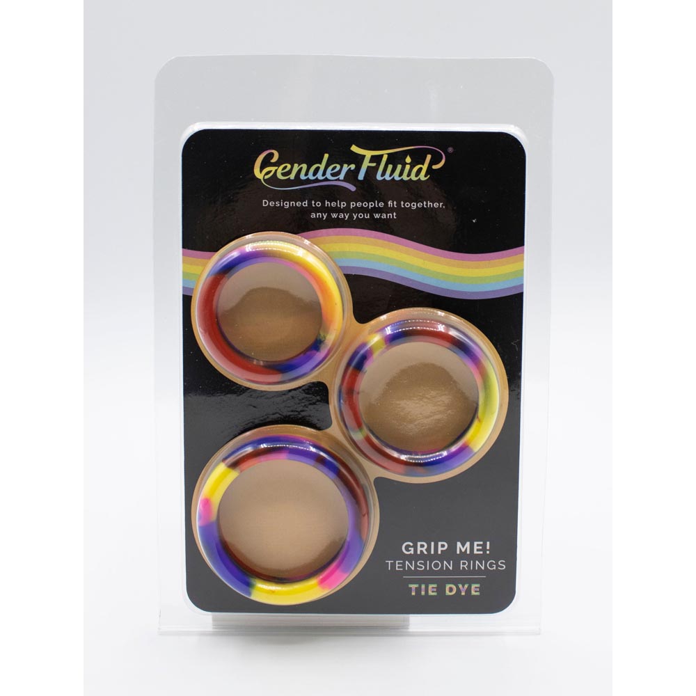 Gender Fluid tie-dye tension rings in packaging.