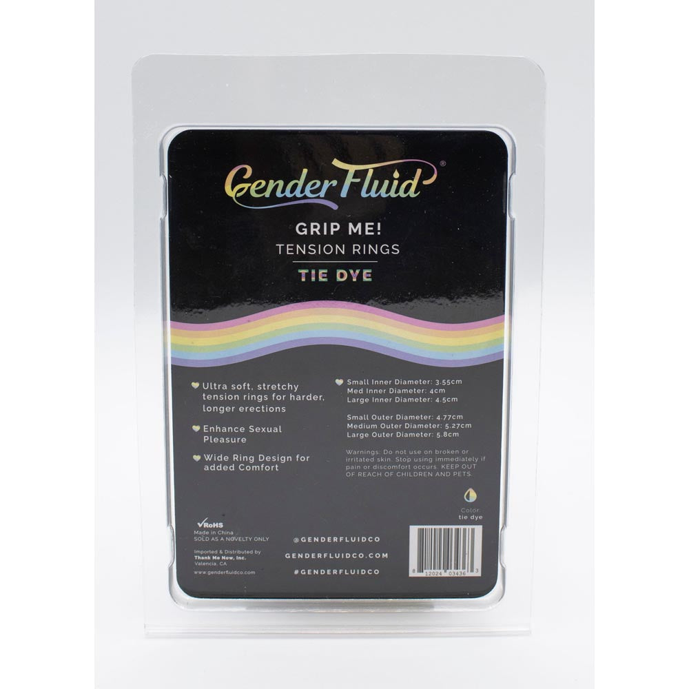 Gender Fluid Grip Me! Tension Rings in Tie Dye, with three sizes and rainbow accents.