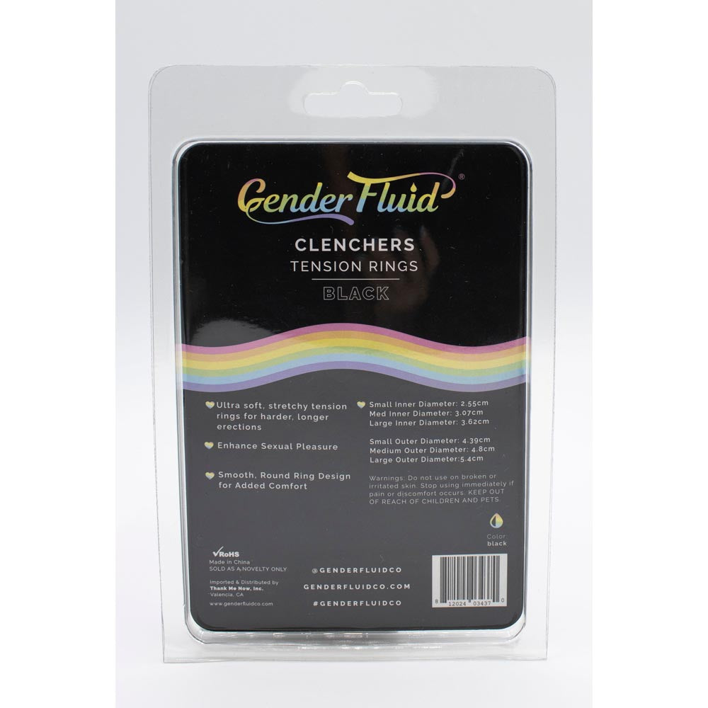 Gender Fluid black silicone clenchers tension rings in packaging.