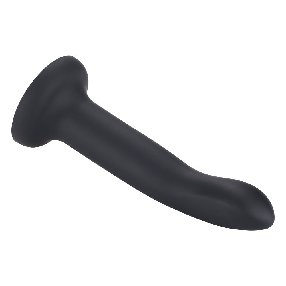 Black silicone dildo with a flared base and curved shaft.