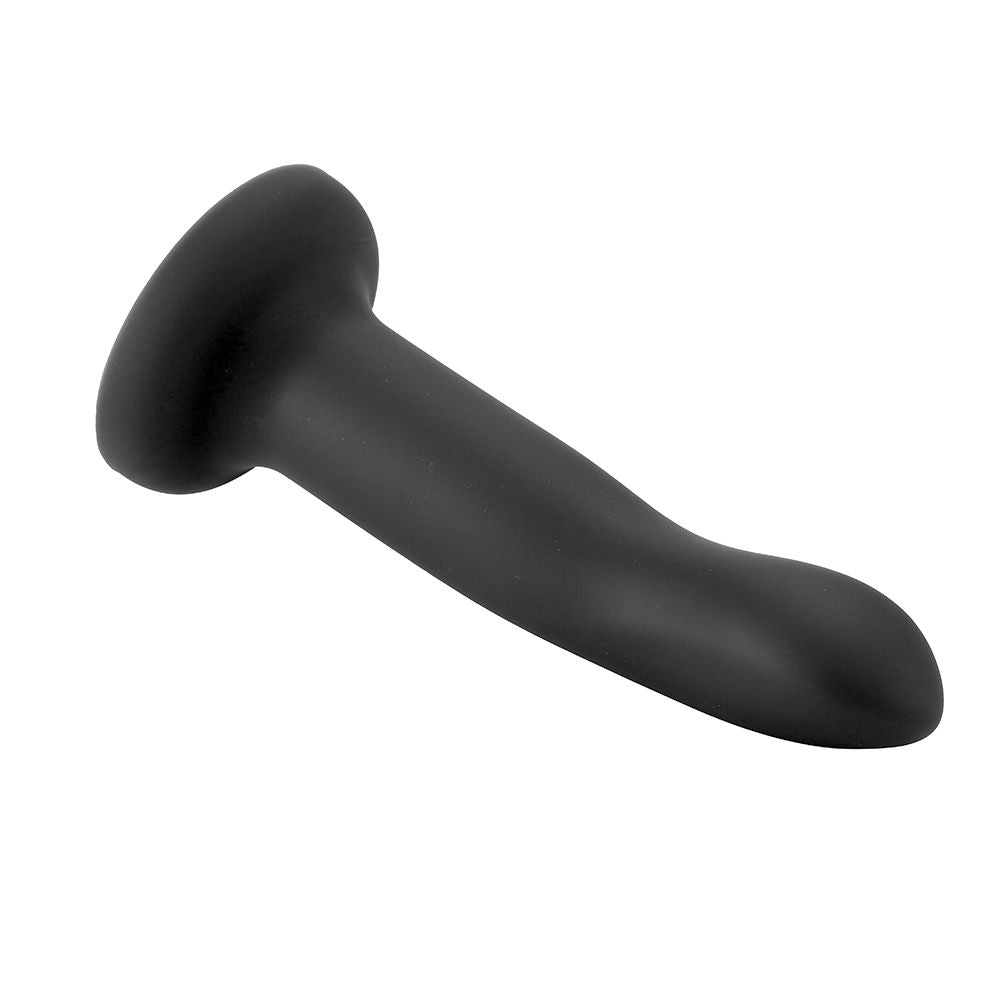 Black silicone dildo with a flared base and curved shaft.