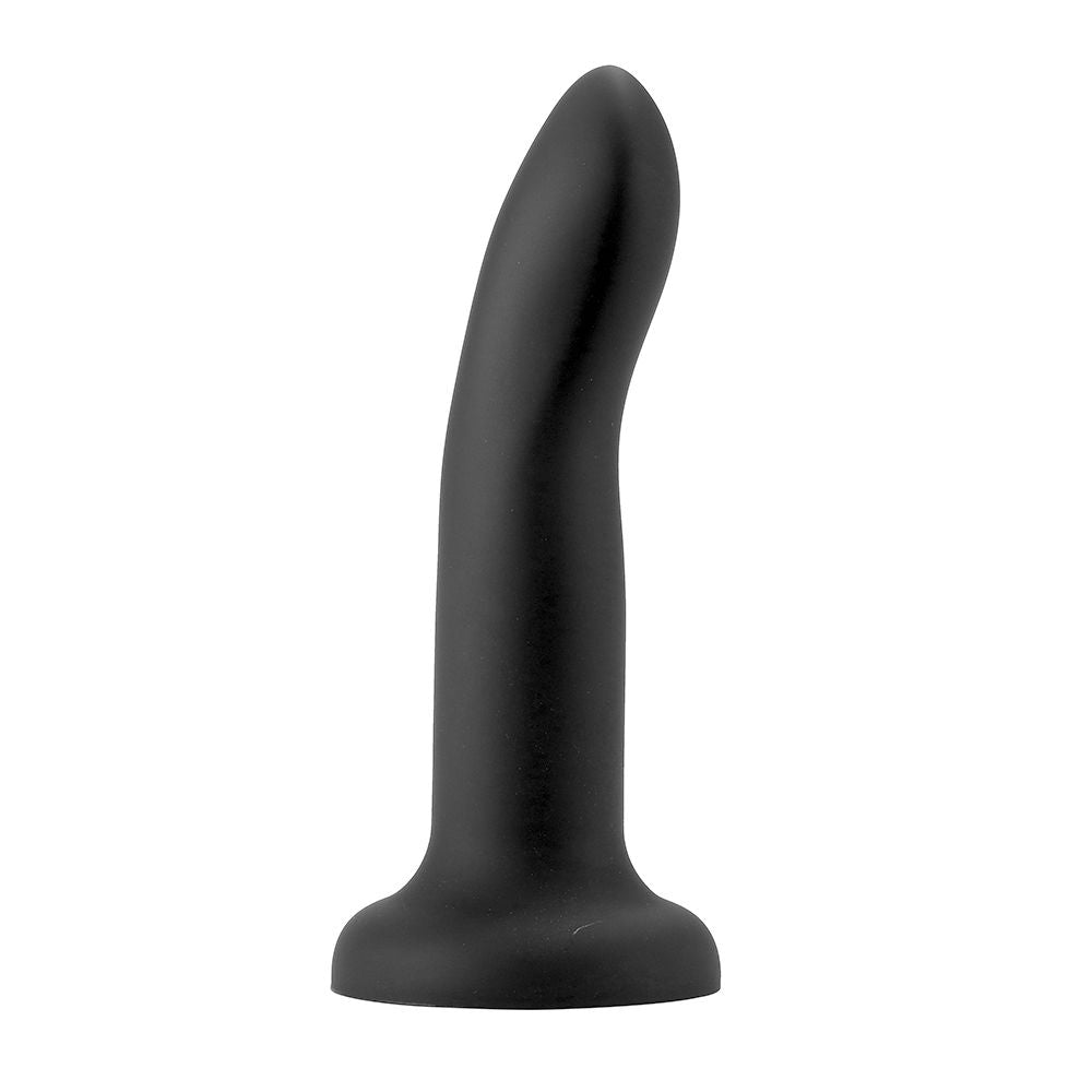 Black silicone strap-on dildo with a curved tip and suction cup base.