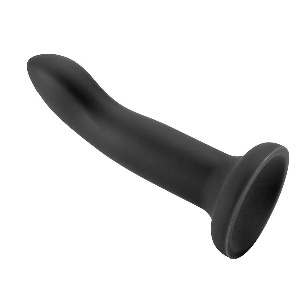 Black silicone strap-on dildo with a curved tip and suction cup base.