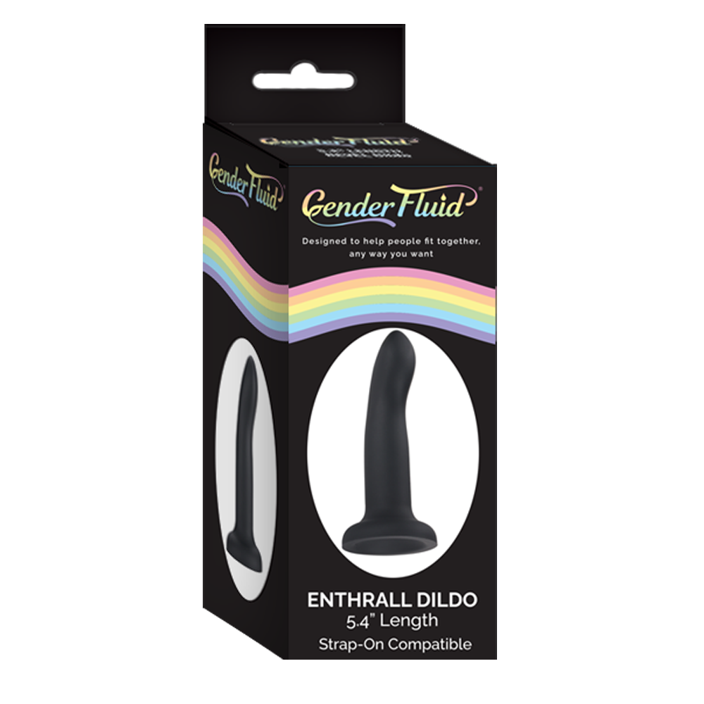 Black silicone strap-on dildo with suction cup and rainbow accents.