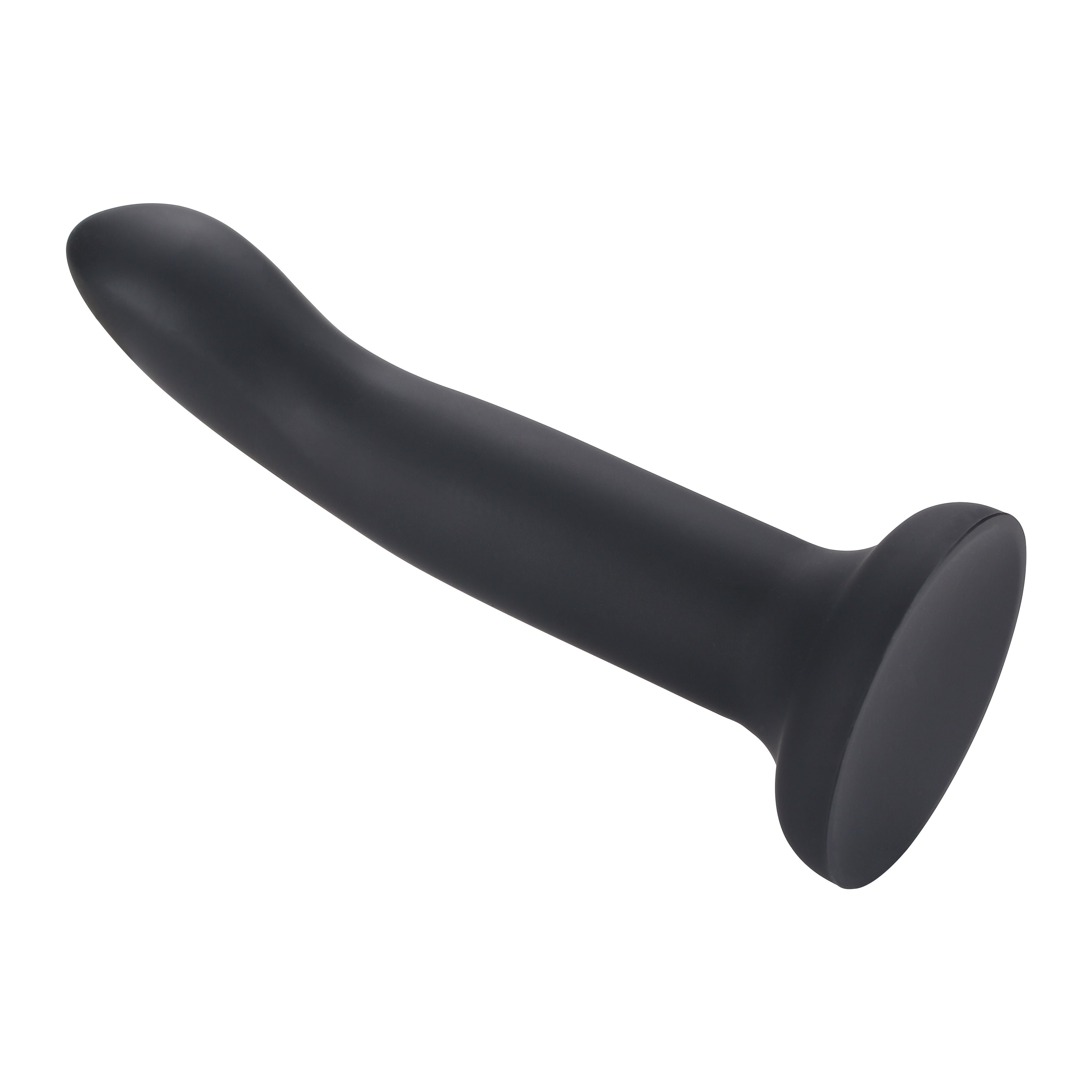 A black silicone strap-on dildo with a curved shaft and a wide suction cup base.