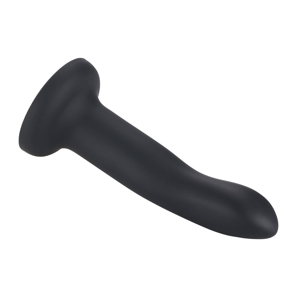 A black silicone dildo with a flared base and curved shaft.