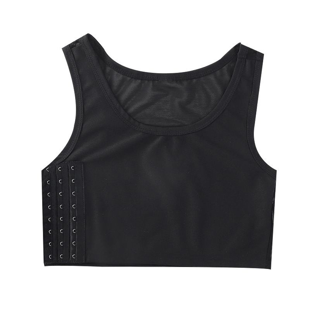 Black half-length mesh chest binder with adjustable side closures.